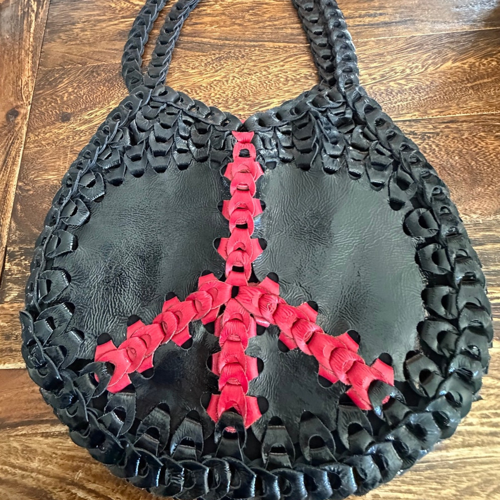 Rare Lucky Brand Black Red Peace Sign Hobo Bag